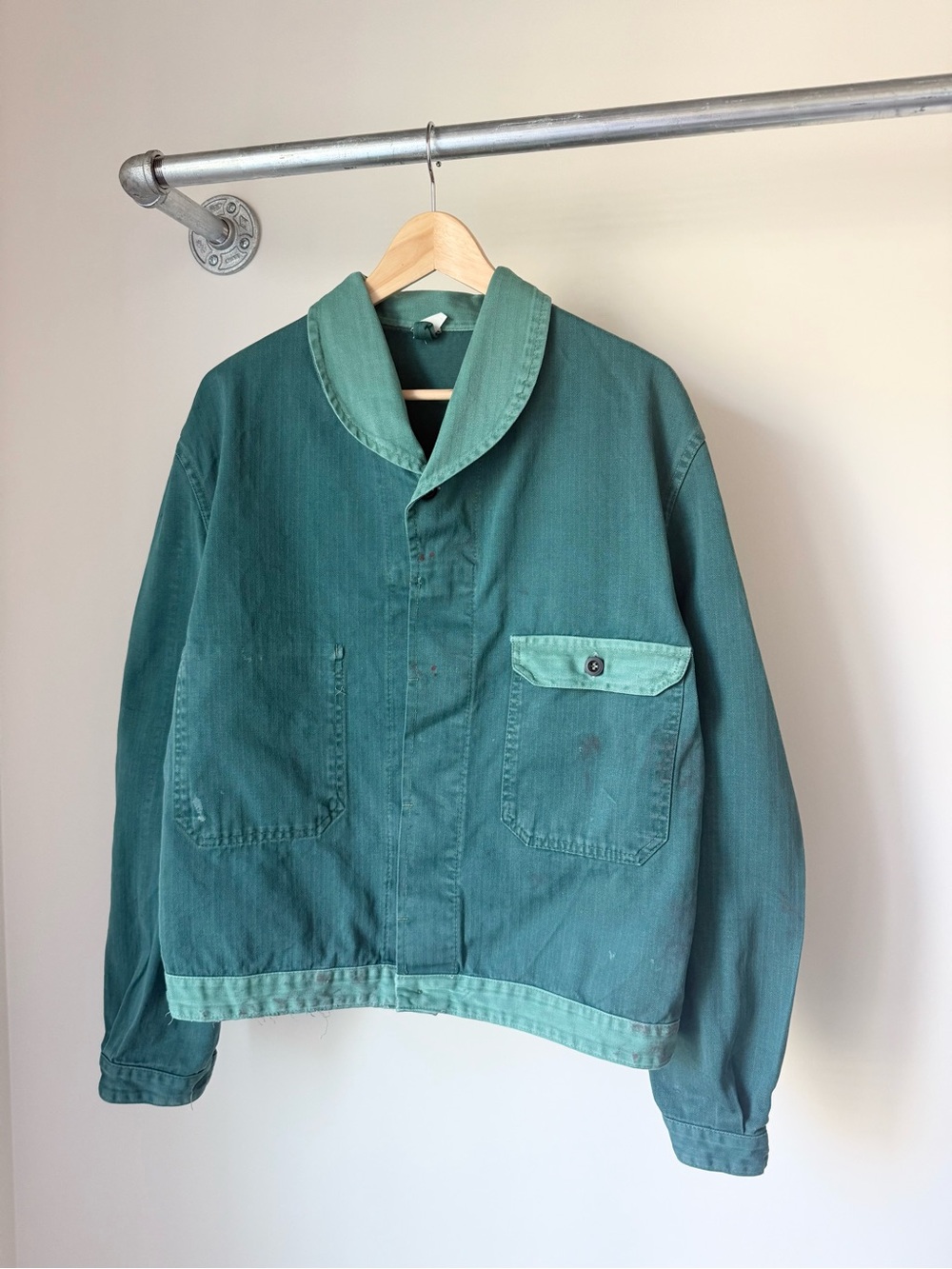 Vintage 70s Two Tone Green HBT Shawl Collar German Chore Jacket